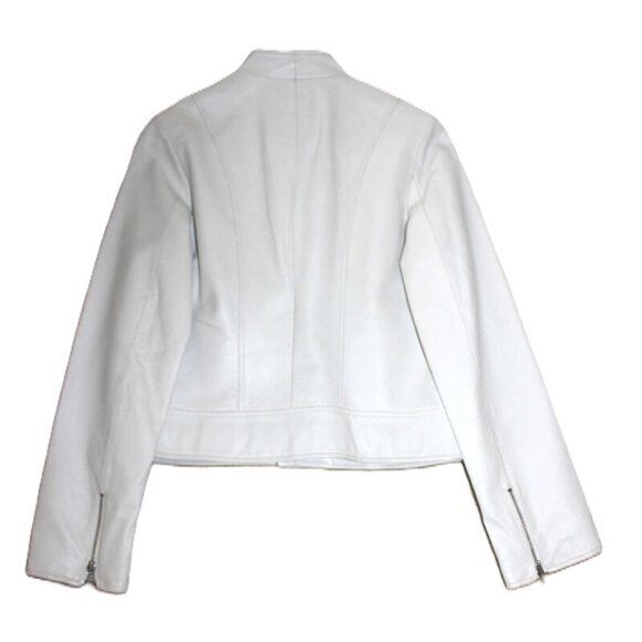COLLECTION (European Brand) Genuine Leather Slim-Fit Cropped Moto Jacket, White - Picture 10 of 10